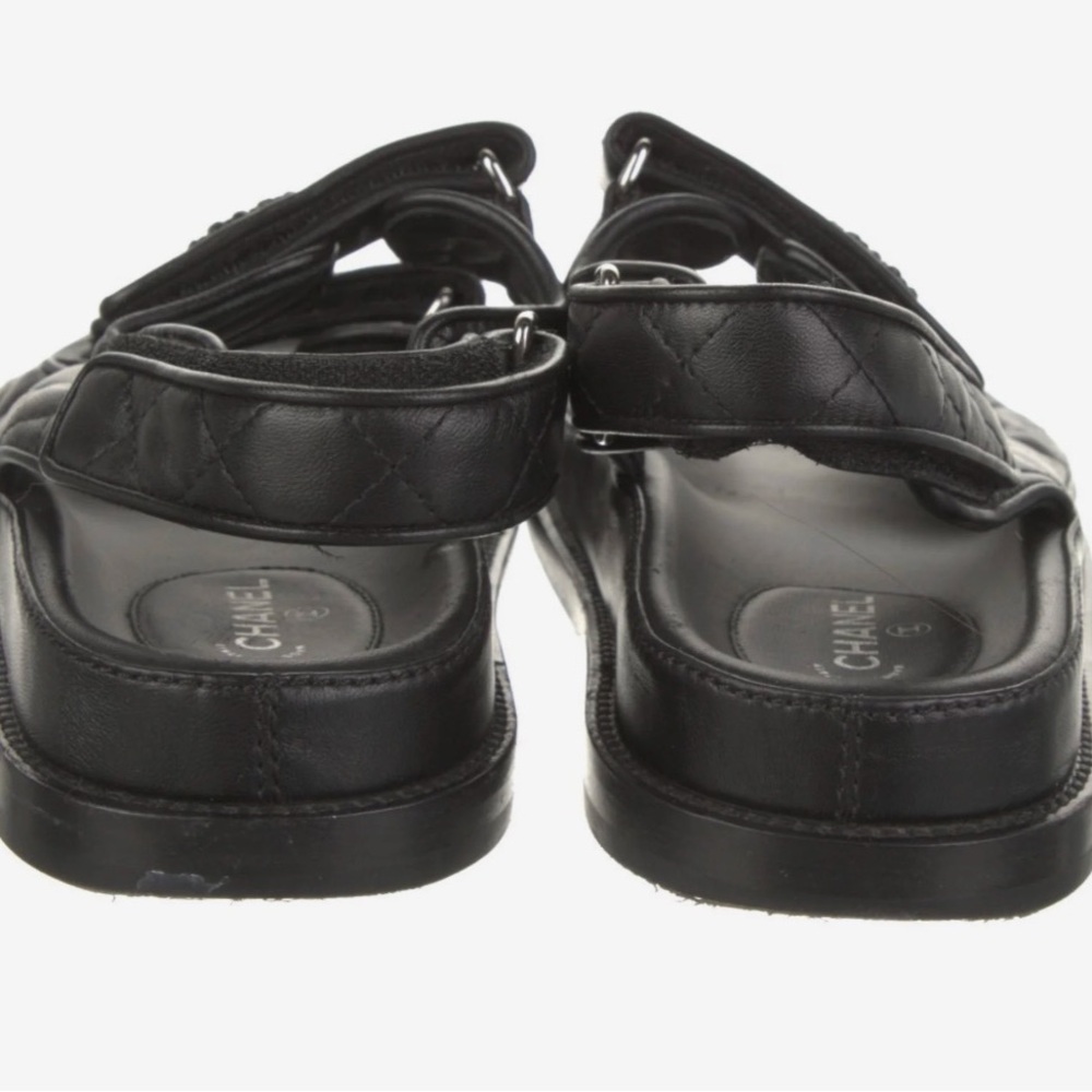 CHANEL Black Quilted Leather Velcro Sandals with CC Logo - Picture 4 of 5